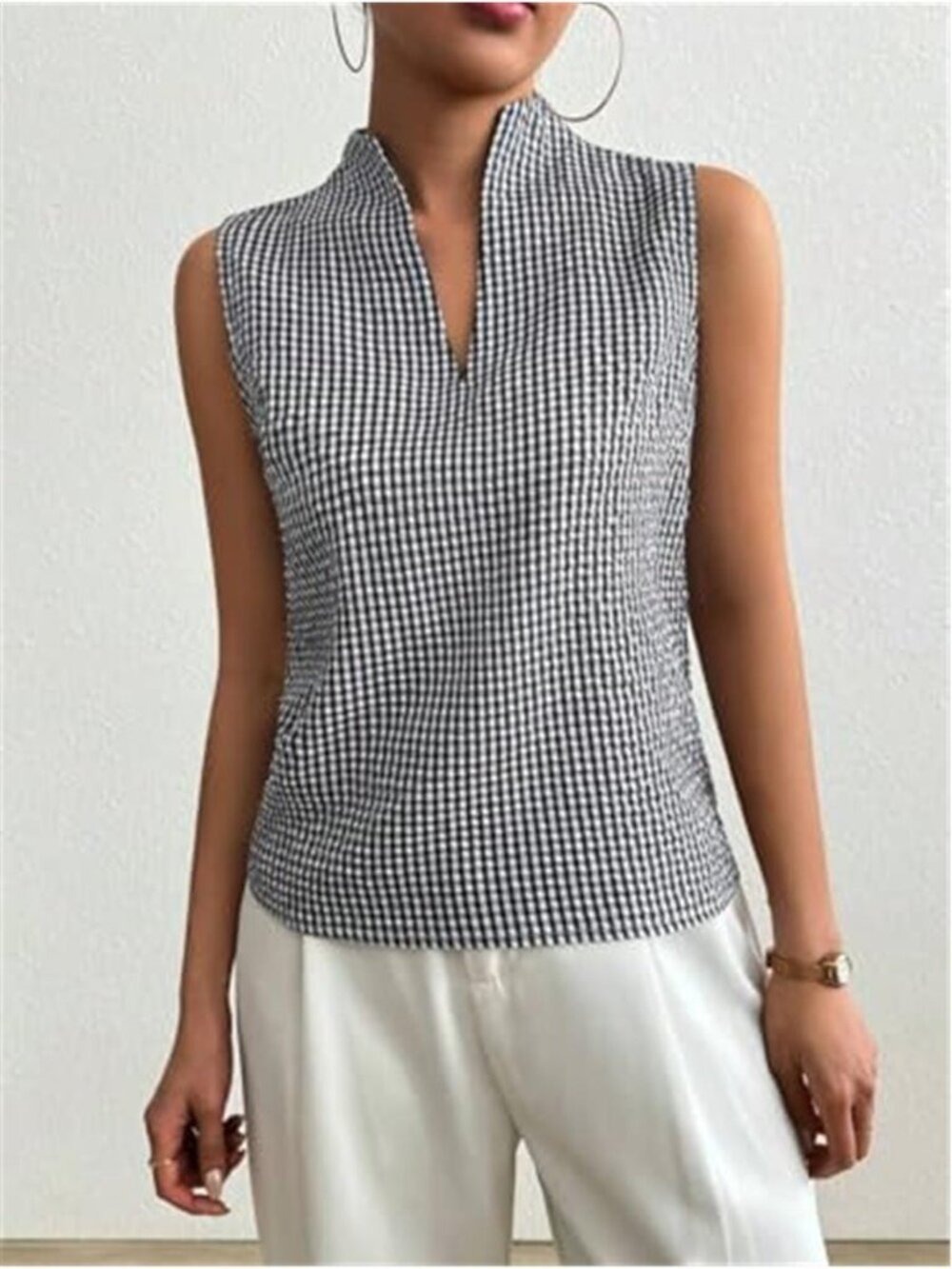 Women's Deep V Neck Black & White Sleeveless Work Tops Tank Tops Blouse - Picture 6 of 6